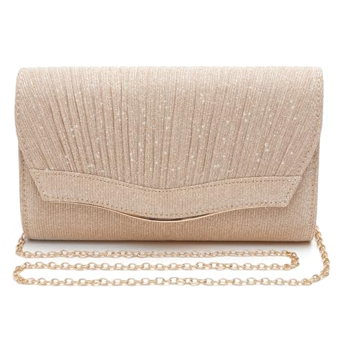 VOSSOT Pochette de Soirée Femme Or Champagne, Sac à Main Pailleté avec Chaîne Amovible, Petite Clutch Élégante pour Mariage, Cocktail Fête Sac Doré...