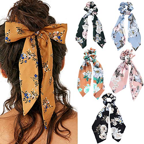 Beauty Wig World 5Pcs Floral Print Scarf Scrunchie Silk Satin Hair Scarves Elastic Hair Bands Bohemian Style Ponytail Holder Ties Vintage Hair Accessories for Women Girls