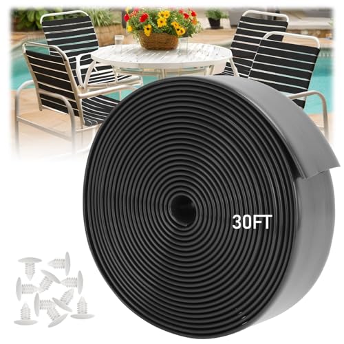 LukLoy Vinyl Straps for Patio Chair Repair 2 Wide 30Ft Long Straps + 30 Rivets Cuttable Replacement Straps for Outdoor Lawn Deck Pool Balcony Beach Furniture Chaise Lounge Repair Black