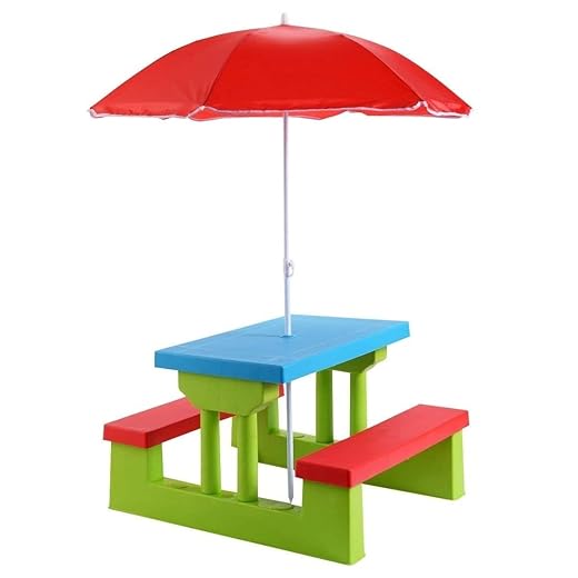 Costzon Kids Picnic Table, Indoor & Outdoor Table and Bench with Removable Umbrella, Portable Picnic Table Bench Set for Toddlers, Great for Garden, Backyard, Patio (Red & Green)