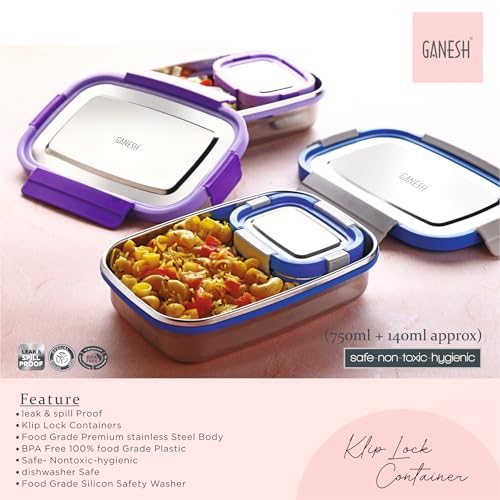 Image of Ganesh Shine Stainless Steel Airtight Leak-Proof Lunch Box for Office, School, Picnic - 750 ml - Blue