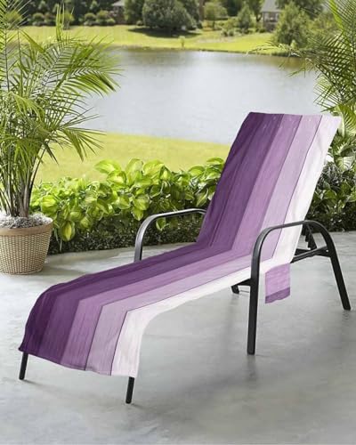 Purple Farmhouse Beach Chair Towel Covers for Chaise Lounge with Side Pocket, Soft Plush Pool Towels Cover for Patio Sunbathing Outdoor Vintage Woodgrain Minimalist Stripes 29''x85''