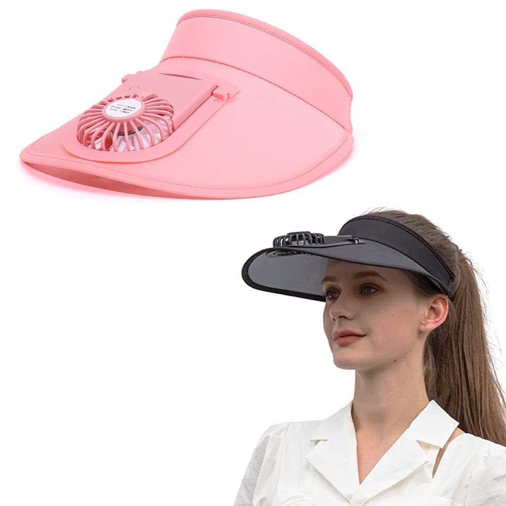 GoodernGoodern Sun Visors Hat with Fan for Women,Large Area Sun Protection Visors Children and Adults Fan Visor Hat Adjustable Beach Hat Children's Empty Top Cooling Hat with USB Rechargeable Fan-Pink