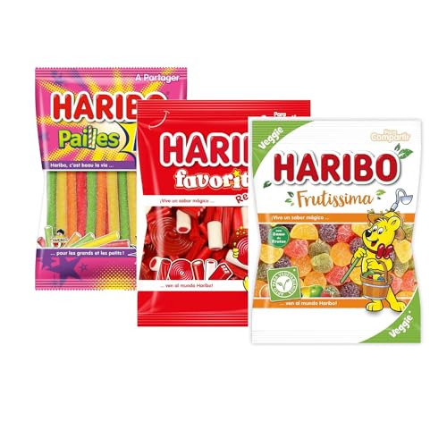 UBOON - Pack de 3 Paquetes Pailles Pik 180 g Geles dulces+ Frutissima Veggie, 1 x 150 g Caramelos de goma sabor frutas + Favoritos Red&White, 1 x 150 g Surtido de caramelos con fresas