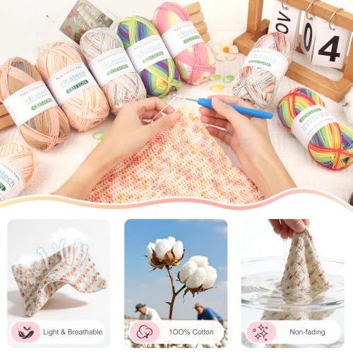 Image of Katech 1OO% Variegated Cotton Yarn for Crocheting-2 Sport Weight Baby Yarns | 6*50g(1.76oz) /160m(175yd)-Soft & Breathable, Pure Cotton Yarn Bulk-Fine Multicolor Yarns for Summer Clothes, Shawls, Dress(E)