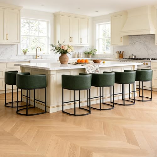 Image of 26 inch Counter Height Bar Stools Set of 6, Faux Leather Upholstered Barrel Chairs with Back and Arms, Metal Frame Kitchen Island Stools with Footrest, Forest Green