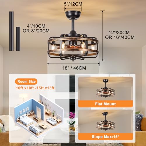 Caged Ceiling Fans with Lights Black Farmhouse 18‘’ Flush Mount Bladeless Rustic Chandeliers Fan Lights with Remote Vintage Reversible Ceiling Fan for Living Room Bedroom Kitchen 6 Light Bulb Base E12