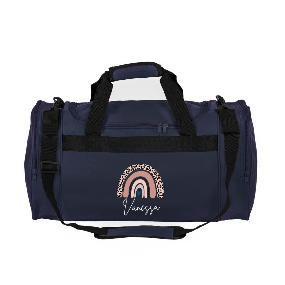 minimutz Kindersporttasche personalisiert Regenbogen, Reisetasche Mädchen groß, Sporttasche Rainbow Leo-Print Kinder mit Name 26L (dunkelblau)