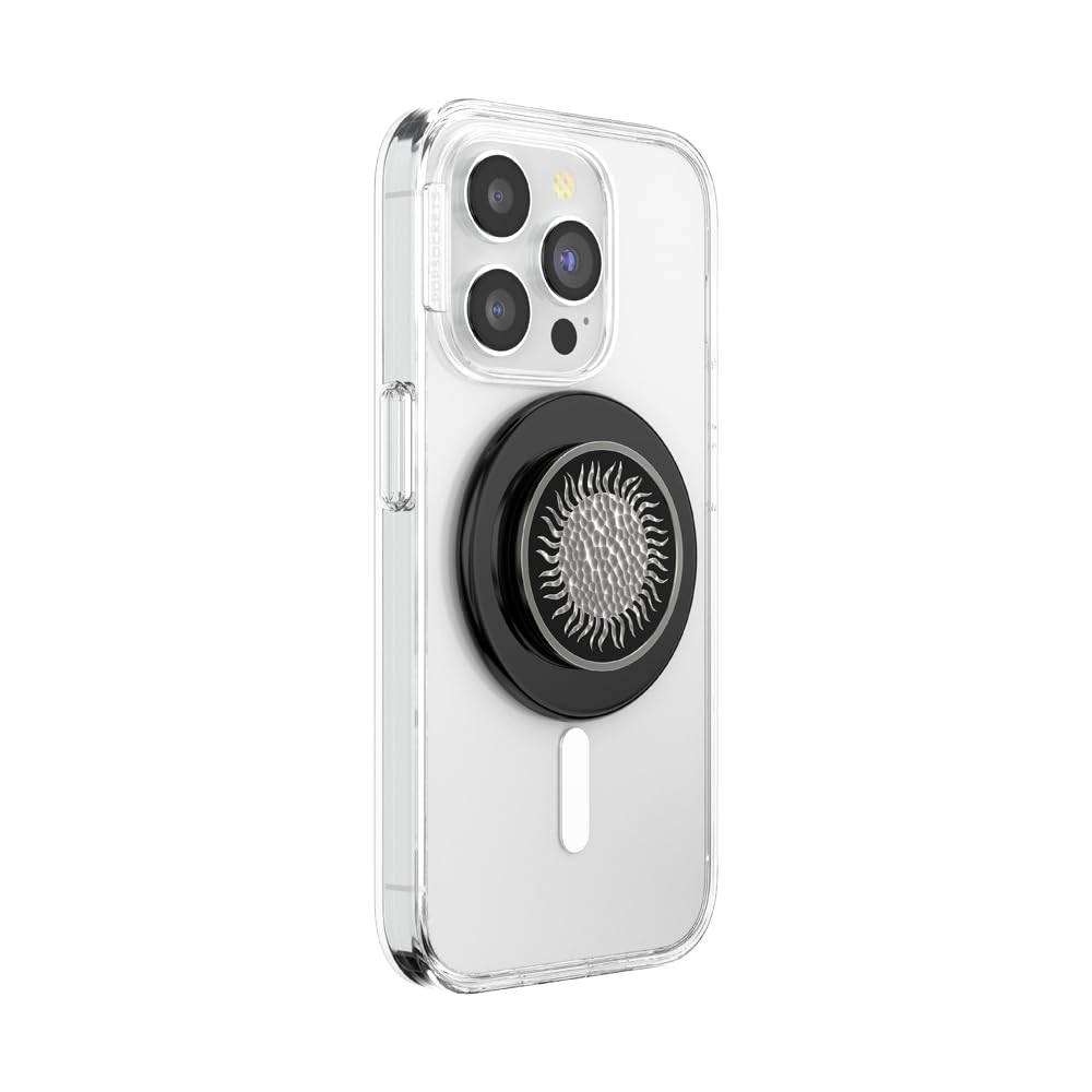 PopSockets Impugnatura per telefono MagSafe con cavalletto, supporto magnetico, parte superiore sostituibile, presa sicura per custodie MagSafe per iPhone e tablet, smalto martellato nero sole