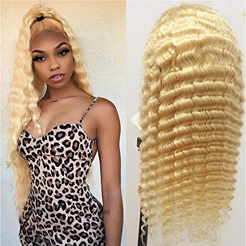 613 4x4 Closure Wig Human Hair Pre Plucked With Baby Hair Hd Transparent Lace Bleached Knots Brazilian Remy Human Hair High Density Grade 9A 613 Blonde Deep Wave Wig 24 Inch