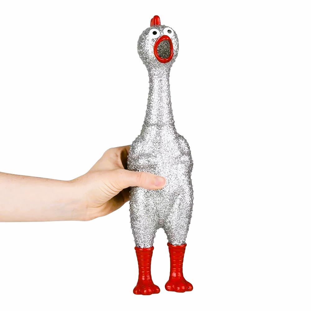 Large 13.5" Sparkle Glitter Rubber Squeeze Chicken with a Long Funny Squeaky Sound (Gold - Silver) Glitter Shiny Funny Gag Prank Chicken Prop (1 Silver Chicken)