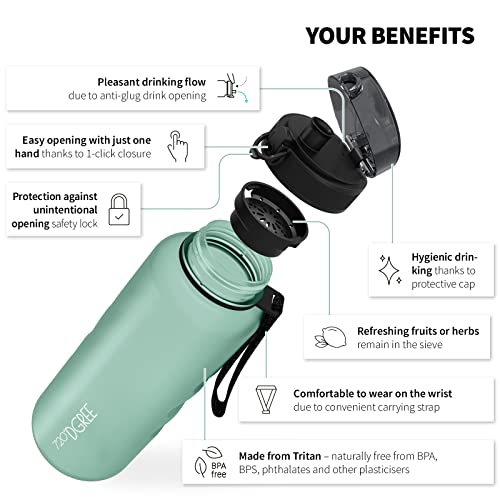 Image of 720DGREE UberBottle 1.5 L + Fruit Sieve Soft Touch BPA-Free Leak-Proof Water Bottle XL Water Bottle Ideal for Sports, Gym, Hiking, Camping, University, Yoga, Work