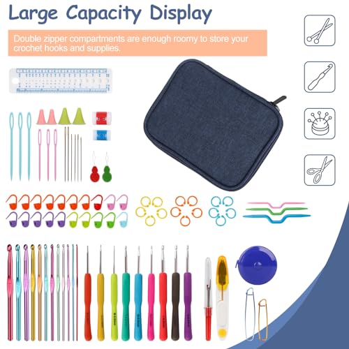 Image of Katech Crochet Hooks Case - Portable Travel Storage Bag with Zipper, Web Pocket, and Holder Slots for Various Crochet Needles (Blue)