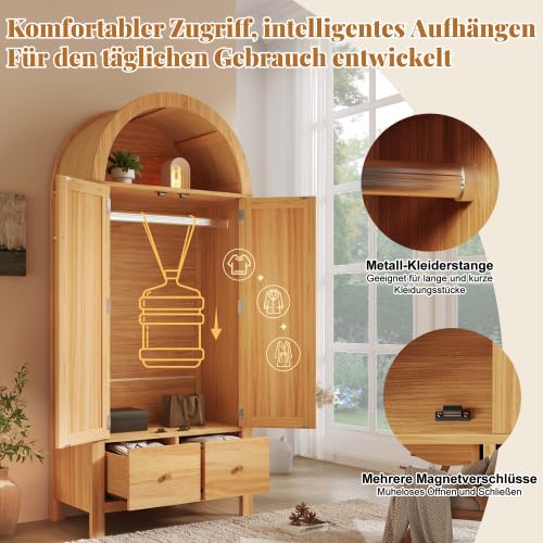 Merax Armadio in stile rustico in rovere 181 x 78 x 45 cm, armadio vintage in legno con rattan, 2 ante e 2 cassetti, ripiano semicircolare aperto, asta appendiabiti