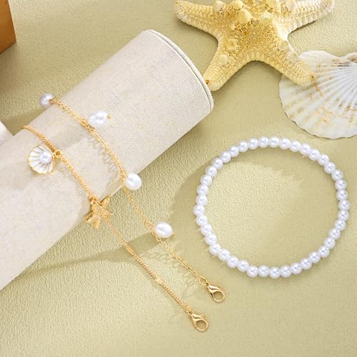 Image of iF YOU Gold Ankle Bracelets for Women, 14k Gold Plated Waterproof Cuban Link Chain Anklets Set, Layered Anklet Bracelets for Women Beach Gift Adjustable Size 5pcs