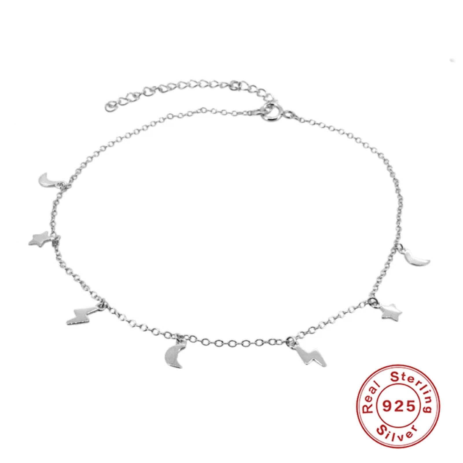Fußkettchen,925 Sterling Silber Stern Mond Blitz Gestapeltes Fußkettchen für Frauen Einfache Fußkette Fußkettchen Knöchel Weiblich Feiner Schmuck Geschenk