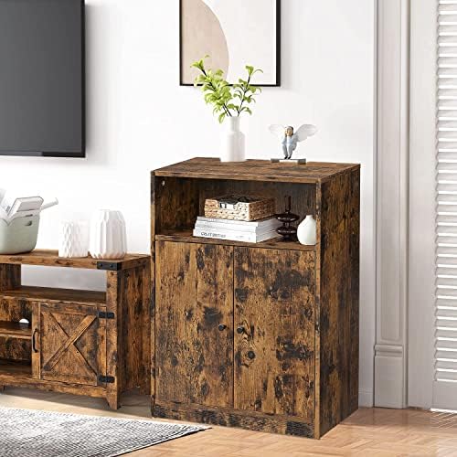 TINKLE WELL Industrial Storage Floor Cabinet, Wood Sideboard with Door and 2-Tier Adjustable Shelf, Organizer for Kitchen, Living Room, Rustic Brown