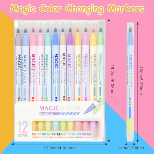 Elezeal Colour Magic Changing Pens Set, 12 Magic Colouring Pens Dual Tip Fluorescent Marker Create 3D Lettering - Image 2