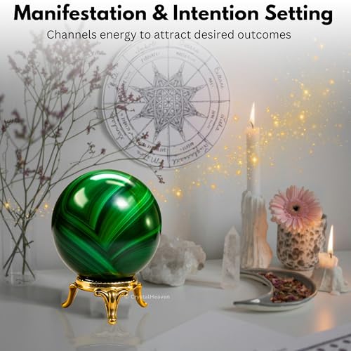 Image of Certified Crystal Malachite Ball for Meditation - Premium Crystal Vastu Items for Home and Feng Shui Items for Good Luck - Ideal for Pooja Supplies and Spiritual Practices (2 Inch)