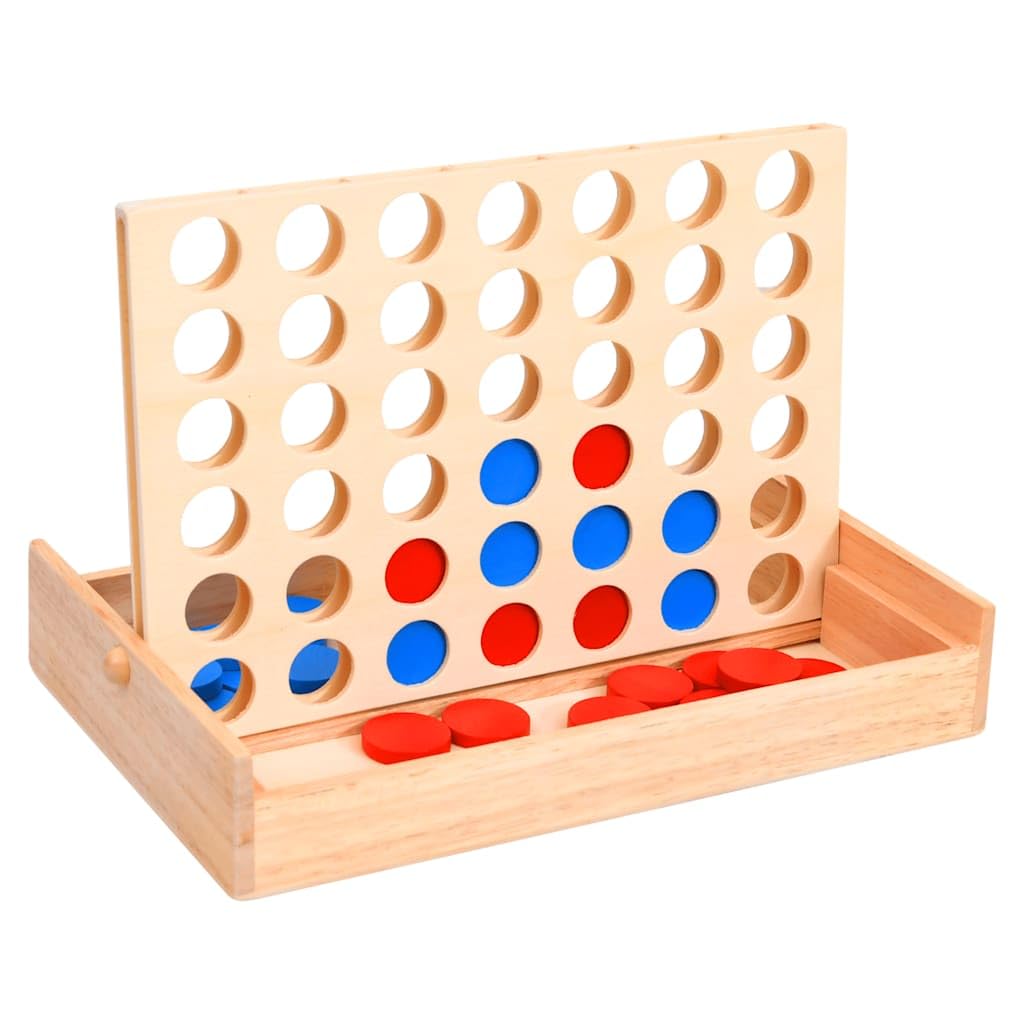 Vier gewinnt Spiel aus Massivholz 24x15x4 cm mit 42 Chips, Strategiespiel für Kinder und Erwachsene, Familienspiel für Spieleabend, Reise und Partyspaß mit logischem Denkspiel