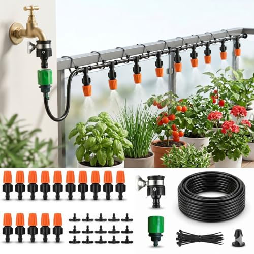 Image of JERN DIY 15 Nozzle Drip Irrigation Kit for Plants, Automatic Plant Watering System with Misting Cooling Nozzles, DIY Garden Irrigation Set for Balcony, Terrace, Lawn, Patio, Greenhouse & Outdoor Use