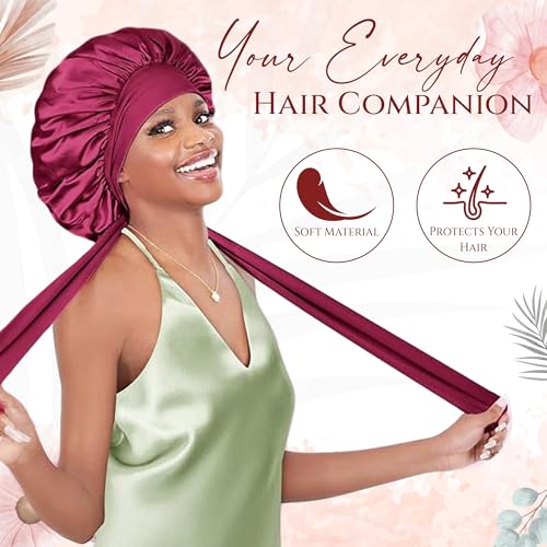 Image of Homeaura Women Silk Blend Bonnet Satin Hair Cap for Sleeping | Adjustable Tie Band Satin Bonnet Head Wrap for Curly Hair | Reusable Showercap Protection (1 pc One Size Claret), Pink