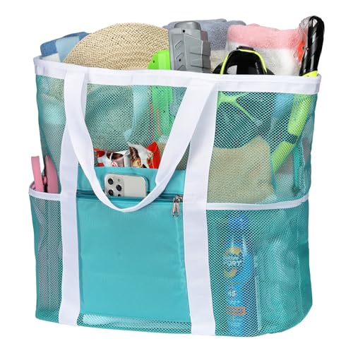 Image of Beach Bag, F-color Mesh Beach Bag Oversized Beach Tote 8 Pockets Beach Toy Bag Lightweight Beach Tote Bag for Women Picnic Travel