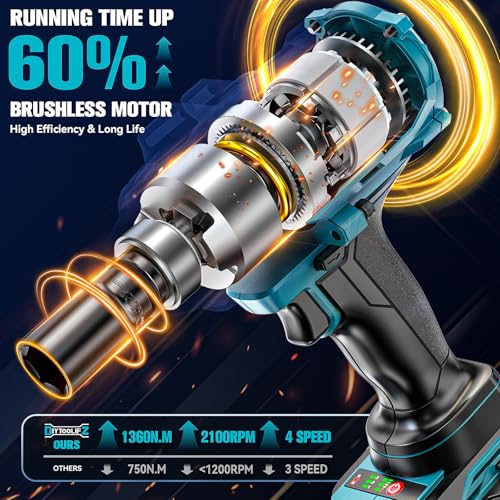 Image of DIYtoolifz Cordless Impact Wrench 1 /2 inch Compatible with Makita 18V Battery, 1000Ft-lbs (1360N.m) Brushless High Torque Impact Gun, Impact Driver for Car Truck Mower, with 2x5.0AH Battery & 6 Sockets