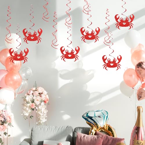Image of Maicaiffe Crab Birthday Hanging Swirl Decorations - Glitter 12 Pcs Ocean World Sea Animal Party Supplies - Baby Shower Streamers - Cute Crab Party Foil Swirls Ceiling Decorations