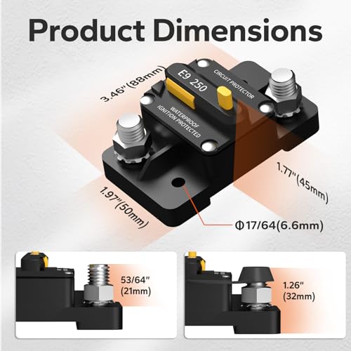Image of LiTime 250A Circuit Breaker 12V-48V DC, M10 (3 /8 inch) Post Size, Surface Mount