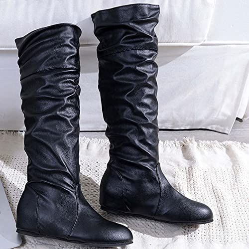oiangi Women Knee High Flat Boots 2022 Winter Vintage Round Toe Pleated Slip on Motorcycle Boots Solid Retro Casual Comfy Outdoor Ladies Shoes4