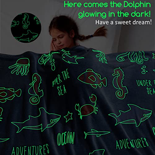 Glow In The Dark Blankets For Boys Kids Throw Blanket Dolphin Shark Marine Life Plush Blanket Blue Soft Blankets Bed Throws Birthday Gift For Kids Girls Boys Teens Age 1-15 Years Old 50 X 60 Inch #TOP2