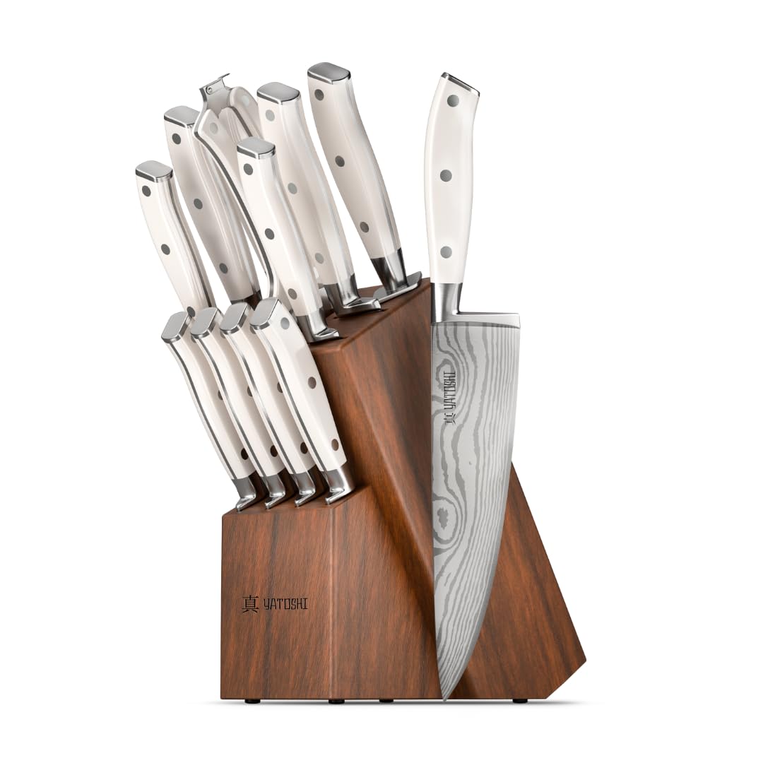 Yatoshi 12 Piece White Knife Block Set - Pro Kitchen Knife Set Ultra Sharp High Carbon Stainless Steel with Ergonomic Handle