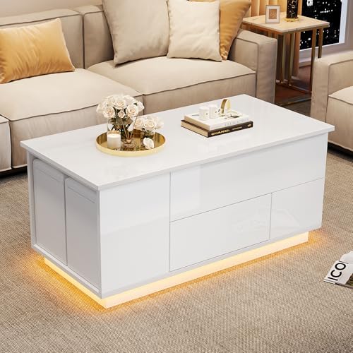 Merax Table basse réglable en hauteur, table de salon brillante avec plateau élévateur, table basse moderne avec LED, table basse avec 2 tiroirs, espace de...