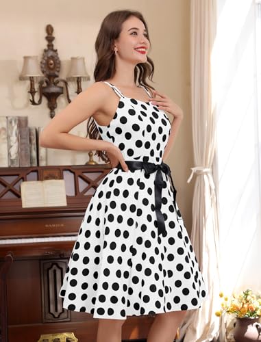 Image of Women Vintage Polka Dot 1950s Rockabilly Halter Audrey Dress Retro Floral Evening Cocktail Swing Dress