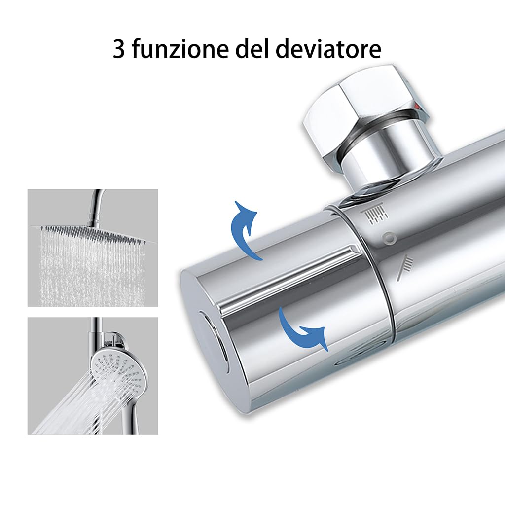OCEAN ITALY Colonna Doccia con Rubinetto Termostatico, Miscelatore Doccia Soffione Doccia Quadrato in Acciaio Inox 20x20cm, Doccetta Tonda da 108mm, Altezza Regolabile 735-1170mm Cromo