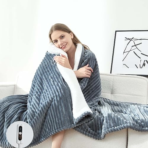 Electric Heated Twin Flannel Blanket, Auto Safety System, 6 Heating Levels, 10 Hour Auto-Off, 62"x84", Dark Grey