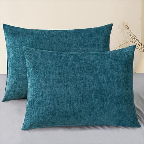 Image of CaliTime Pack of 2 Cozy Standard Pillow Shams Cases for Bed Bedding Decoration Solid Dyed Soft Chenille 20 X 26 Inches Ocean Blue