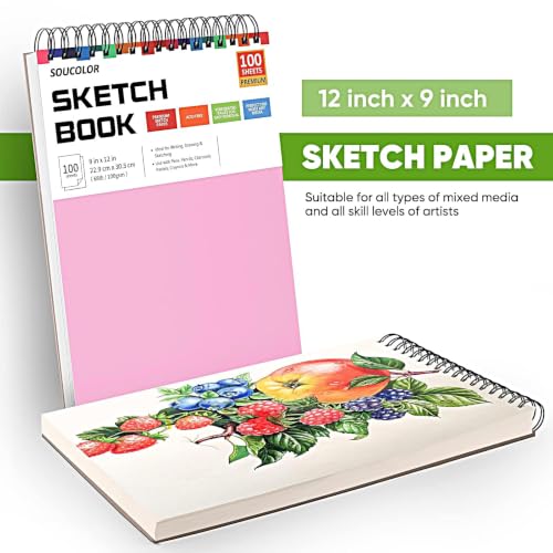 Image of Soucolor Cute Sketch Book 9 inch x 12 inch Drawing Paper,Pink Teen Girls Sketchbook | 100 Sheets,68lb Acid-free paper,No Bleed-through,Micro-Perforated,Lay-Flat Top Spiral,Great Gift for Women,School Art