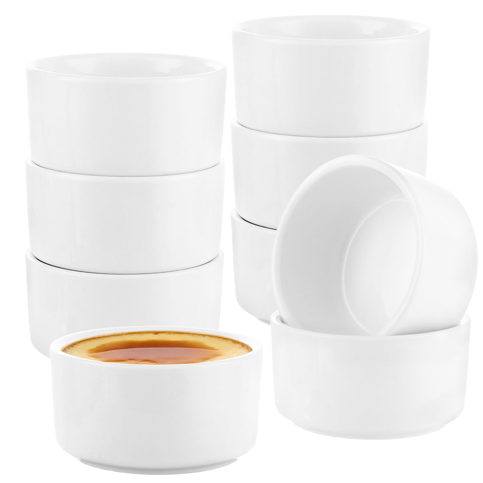 Aramanara Ramekins Set of 8, 100 ml Ceramic Souffle Dish, Mini Creme Brulee Ramekins, 7.6 cm White Baking Cups, Round Sauce Dish for Dips Sauces Souffle Cupcakes Pudding Fruits