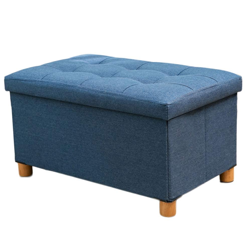 Pouf de rangement bleu marine avec plateau et pieds en bois supportant 360 kg