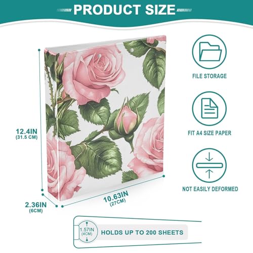 Image of 3 Ring Binder Pink Rose Floral Green Leaves 1.5 inch Binders Three Ring Binders with Clipboard Fit 8.5'' x 11'' Paper 3 Interior PVC Clear Pockets for Office Supplies