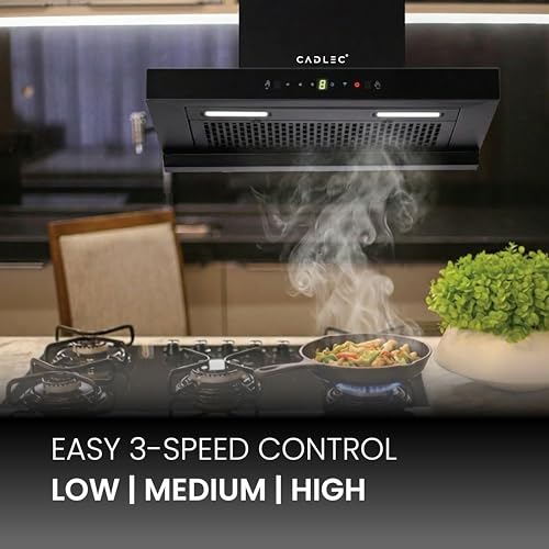 Image of Cadlec PeakFlow 60cm Filterless T-Shape Kitchen Chimney | 1400 m /hr Powerful Suction | Auto Clean with Oil Collector | Feather Touch + Gesture Control Technology | 20-Year Warranty | Black