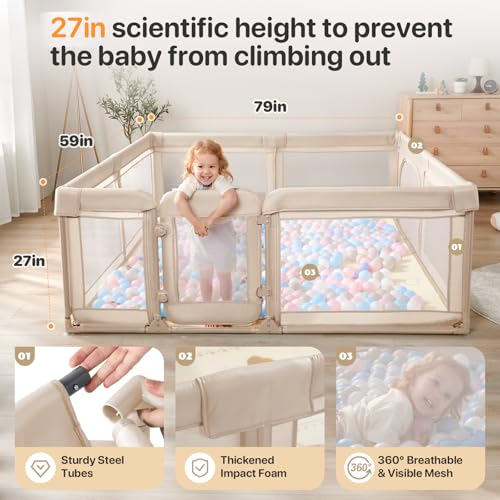 Image of Baby Playpen for Babies and Toddlers, 59 x 79in Large Playpen with Double Door, Full Steel Frame & Oxford Fabric, 0-24 Months Safe Play Area for Infant and New Parents(Khaki)