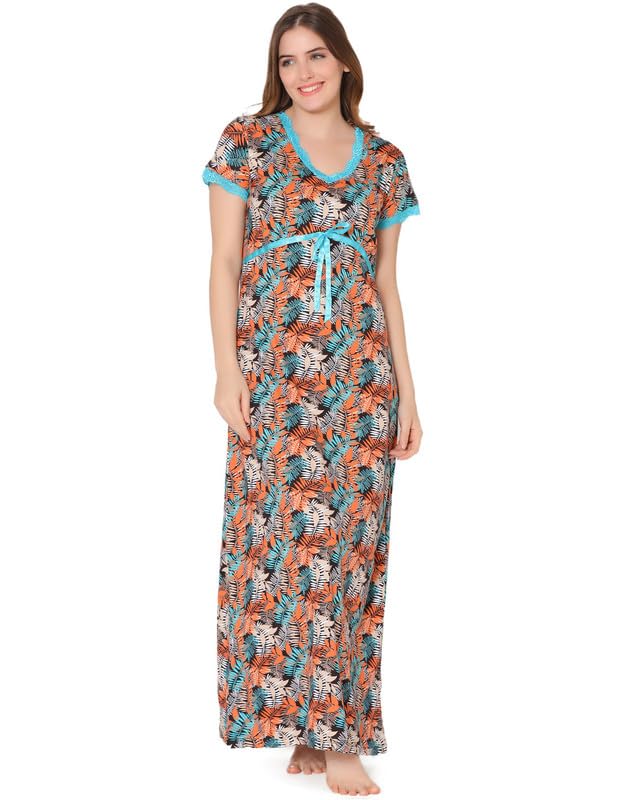 bodycare Womens Combed Cotton V Neck Printed Long Night Dress-BSN10003-picture-42