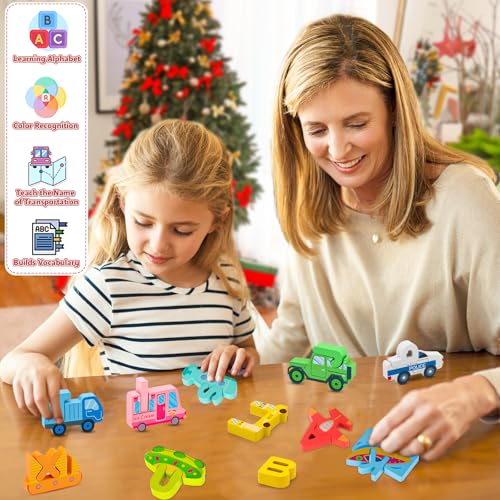 Advent Calendar 2025 Kids,Wooden Alphabet Transportation Puzzles for Toddlers,52 Pcs ABC Matching Game,Christmas Countdown Wood Transportation Puzzles and Preschool Learning Activities for Boys,Girls - Image 5