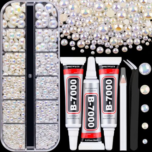 Image of Flatback Pearls for Crafting with 3Pcs 10ml B7000 Jewelry Glue, 1 Box of Half Round Beige AB and White AB Pearls, Bedazzling Beads for DIY Crafts Clothing Tumblers Shoes Embellishment Nail Art