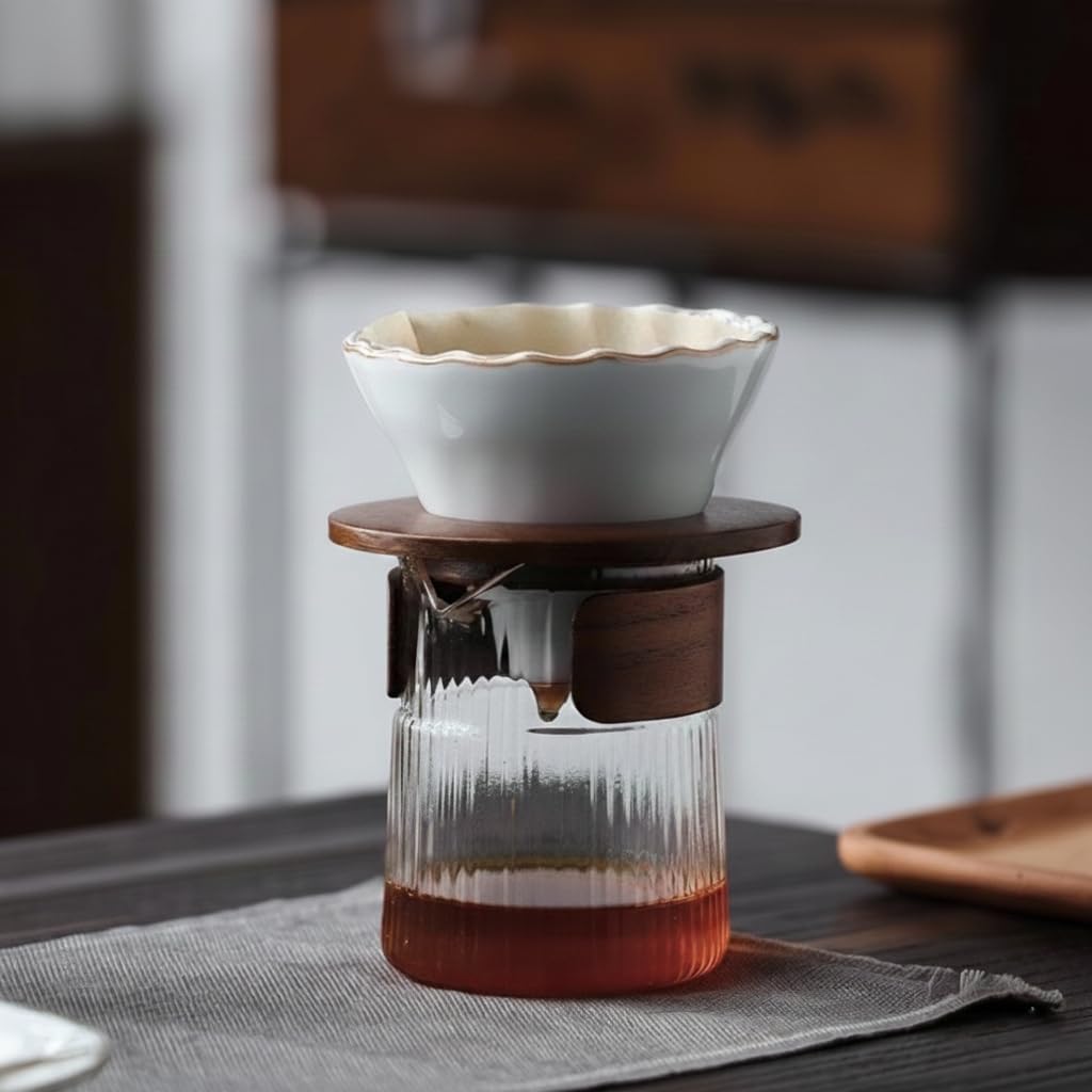 Ceramic Pour Over Coffee Maker Set with Glass Jug, Walnut Wood Base, Heat-Resistant Server, Compatible with 01 Filter Paper (Blue)