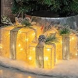 Hourleey Set of 3 Christmas Lighted Gift Boxes, 10" 8" 6" Pre-lit 60 LED Light Up Present Boxes Ornament with Timer, Tinsel Boxes Decoration for Outdoor Indoor Home Yard Lawn Decor