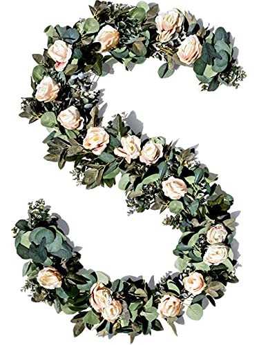 Eucalyptus Garland with Flowers-17 Ivory Roses- Lush, Natural Looking Eucalyptus and Flower Garland Decor,Floral Garland for Wedding,Artificial Garland Greenery, Abundant Eucalyptus, Rose Leaves, Vine
